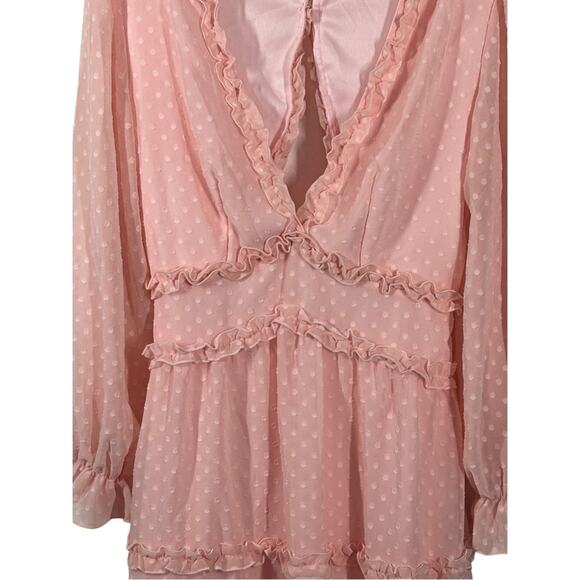 Pink Clip Dot Faux Wrap Mini Dress Size Small Ruffle Babydoll Open Back Dress - Picture 12 of 16